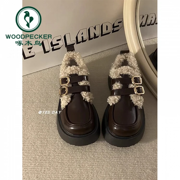 啄木鸟日系厚底加绒小皮鞋女2024冬季新款百搭复古英伦风保暖棉鞋
