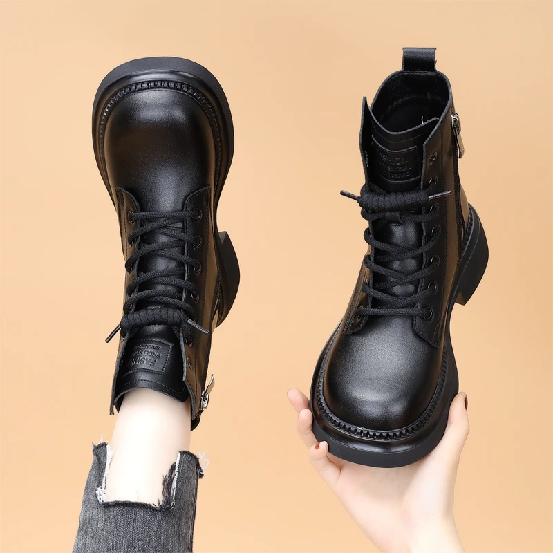 真皮马丁靴女2023秋冬新款加绒时尚洋气百搭厚底炸街英伦风小短靴