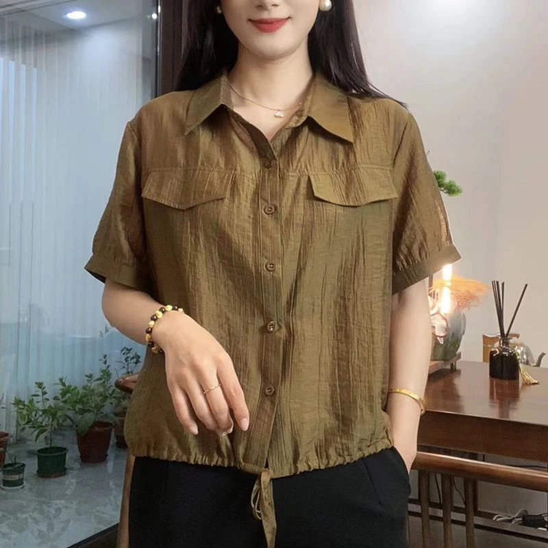 2025夏季新款时尚休闲衬衫洋气系带设计感衬衣宽松显瘦气质上衣女