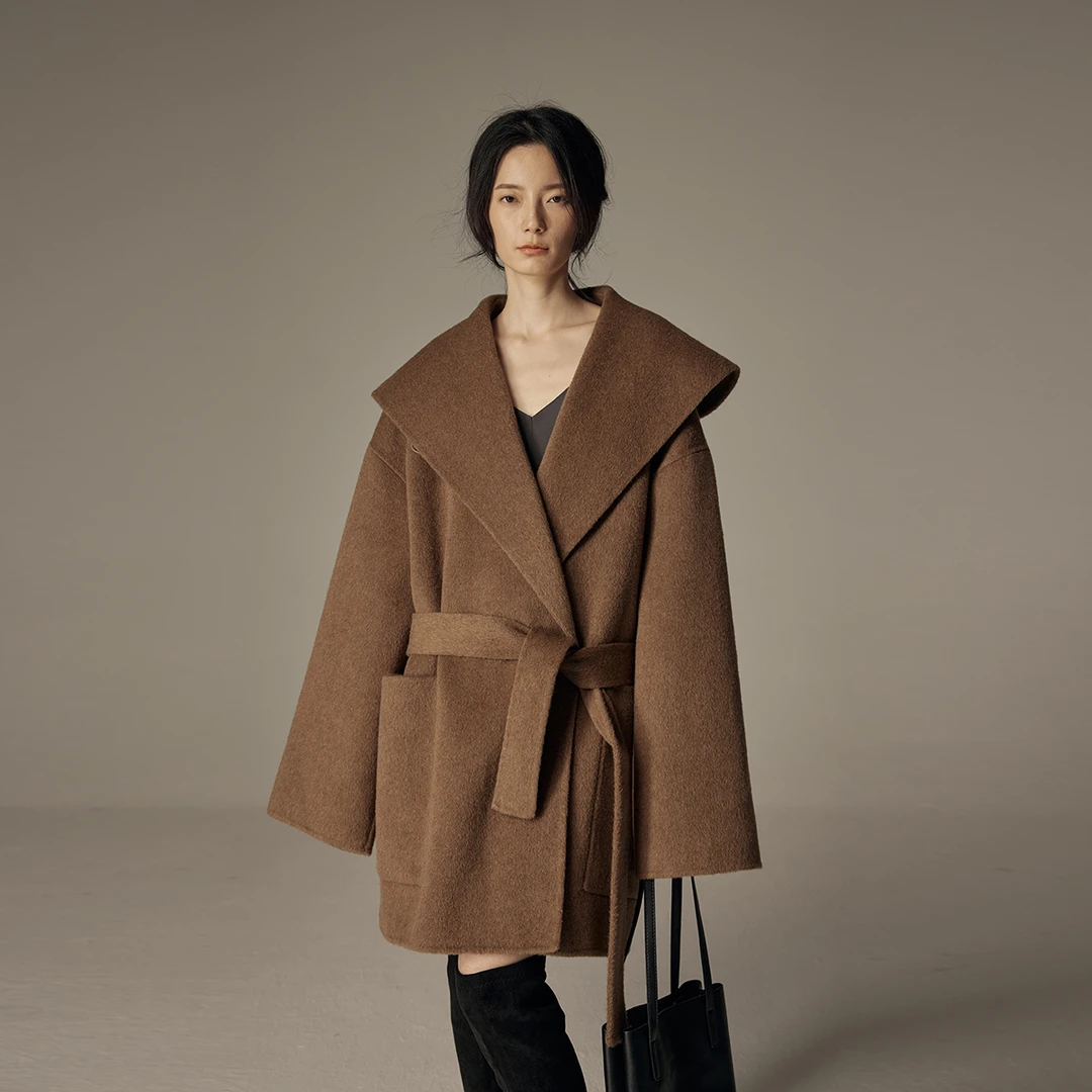 2023新款慵懒浴袍风经典高端羊驼双面呢大衣大翻领腰带外套中长版
