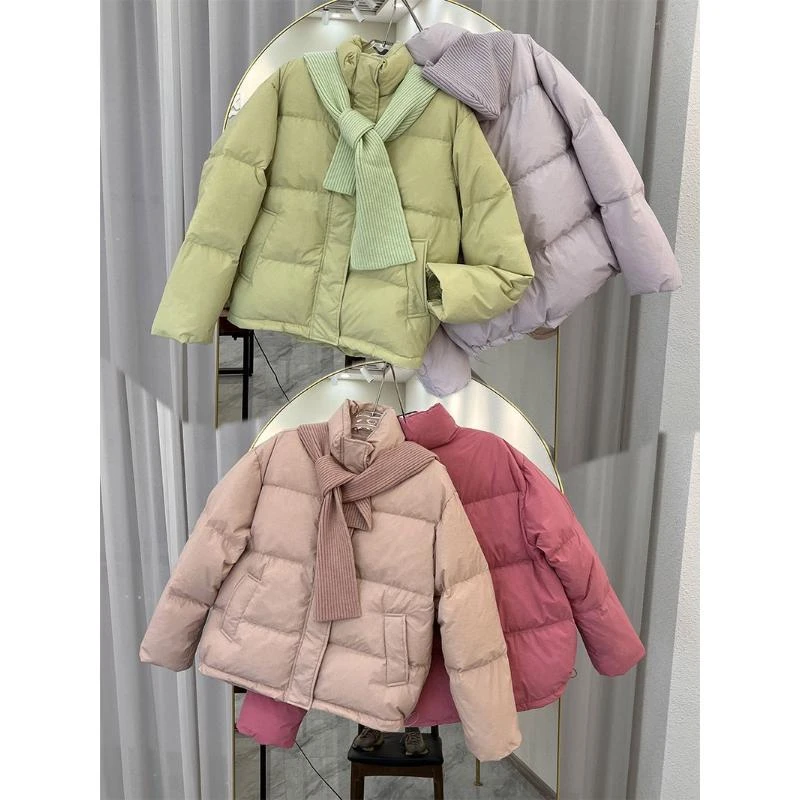 秋冬立领羽绒服女短款白鸭绒保暖冬装外套马卡龙色针织围巾帽