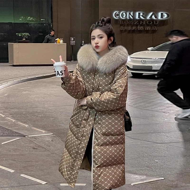 大狐狸毛领美拉德白鸭绒羽绒服女2023年冬季新款中长款韩版外套