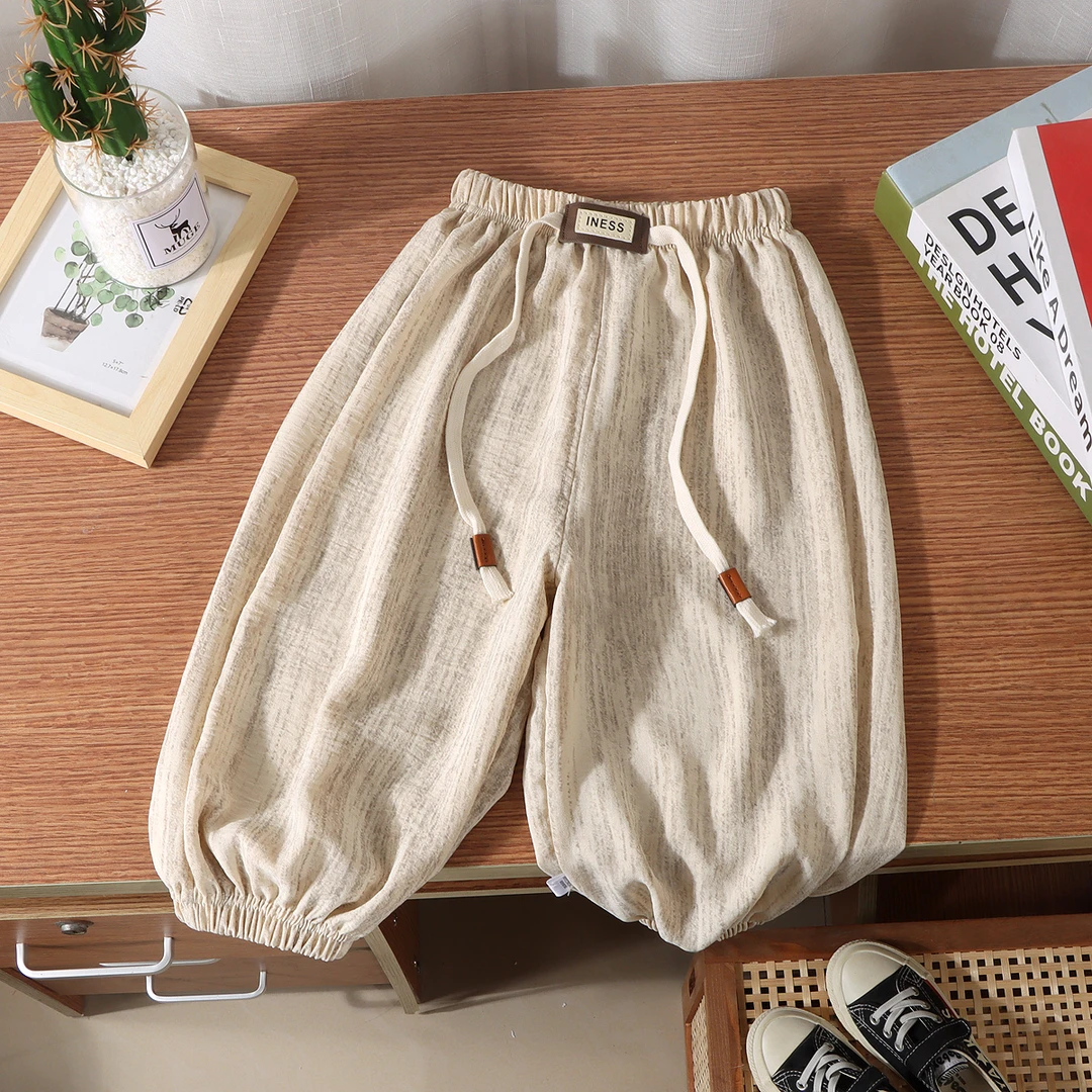 薄款防蚊裤冰丝麻复古炒色轧染男女儿童防蚊灯笼束脚裤男童