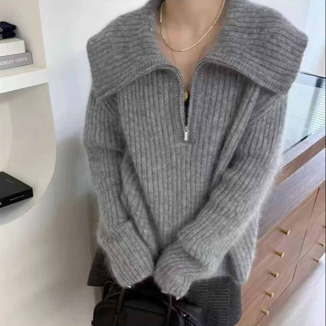 1114法式翻领针织衫女冬季半拉链设计感新款毛衣百搭上衣