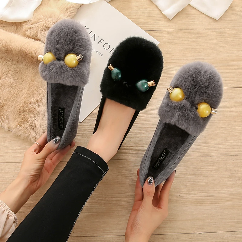 皮毛一体毛毛鞋外穿厚底豆豆鞋女冬兔毛加绒孕妇鞋棉鞋大码41一43