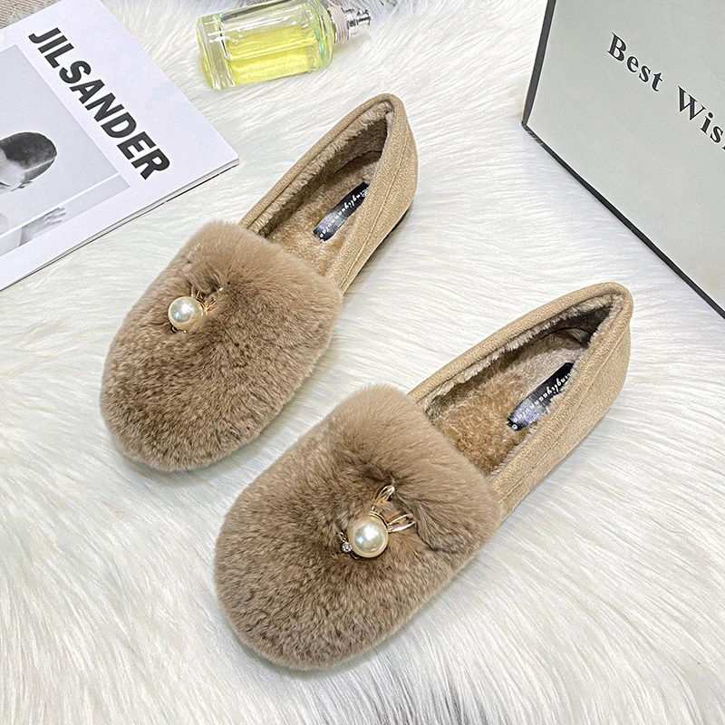 兔毛豆豆鞋女冬款加绒厚底孕妇毛毛鞋外穿保暖棉鞋大码女鞋41一43