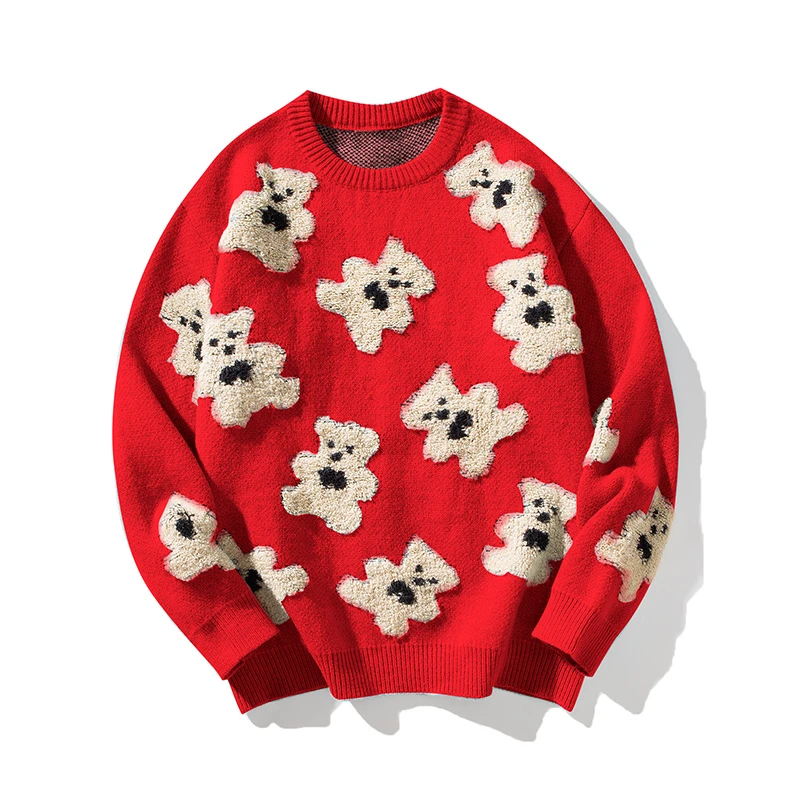 秋冬季红色小熊毛衣情侣款潮流圆领宽松慵懒风
