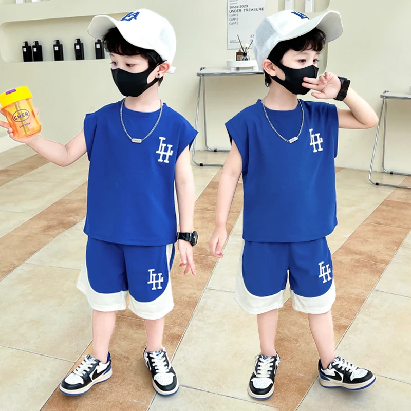 男童背心套装2024新款华夫格上衣无袖短裤宝宝夏季儿童薄款夏装潮