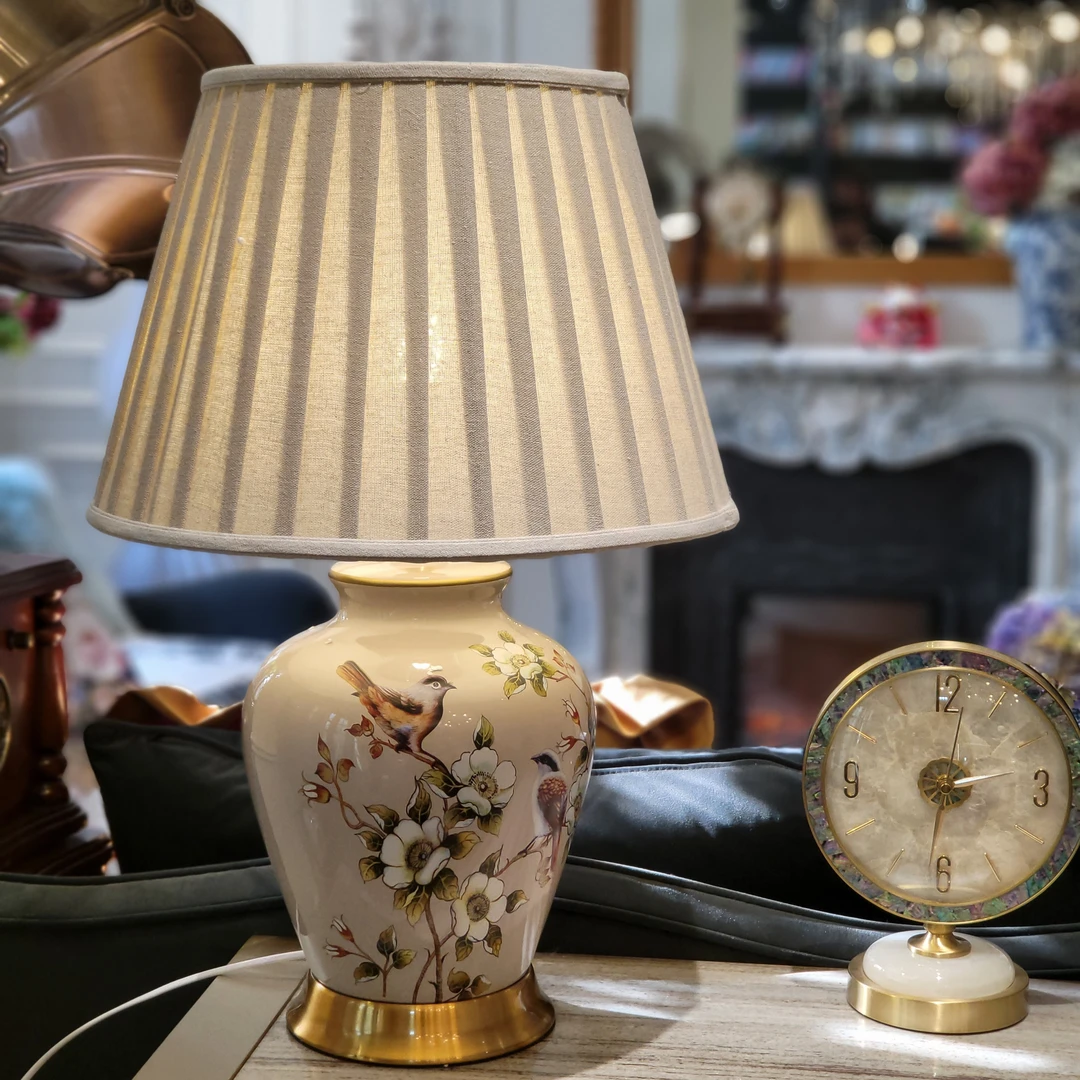 中式全铜陶瓷台灯客厅卧室床头灯温馨调光乡村复古花鸟创意