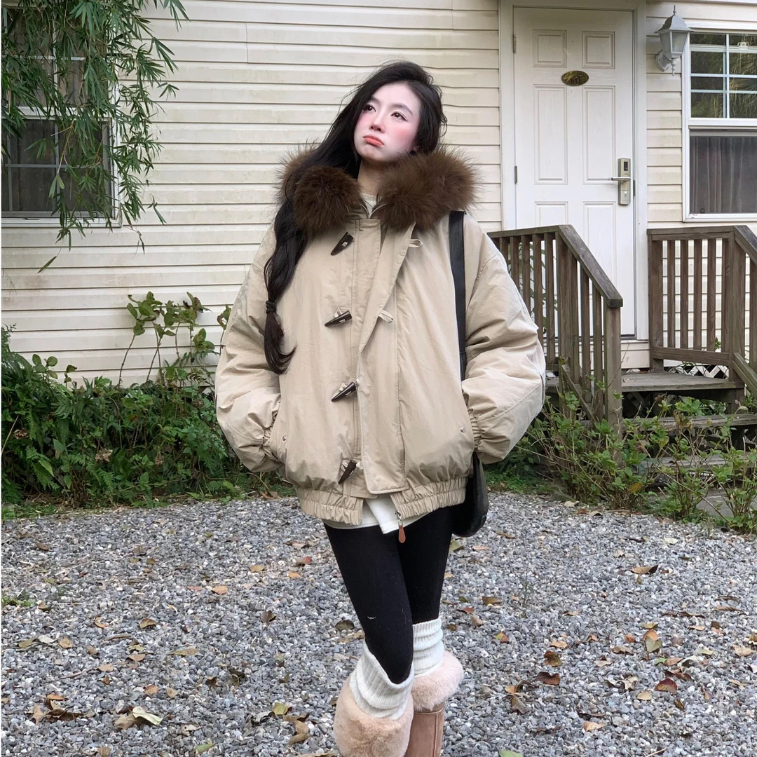 Liberty clothes 白鸭绒大毛领连帽羽绒服女加厚牛角扣工装派克服