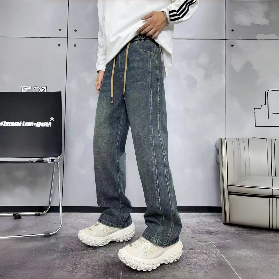嘻哈做旧洗水直筒牛仔裤男潮牌宽松阔腿休闲百搭长裤SD659