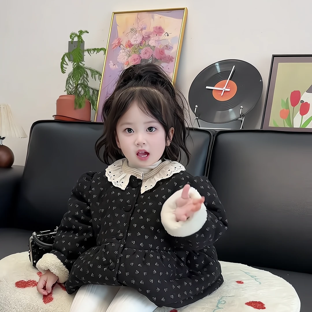 儿童棉衣冬季新款女宝宝韩系花边领甜美公主碎花棉袄加绒保暖外套