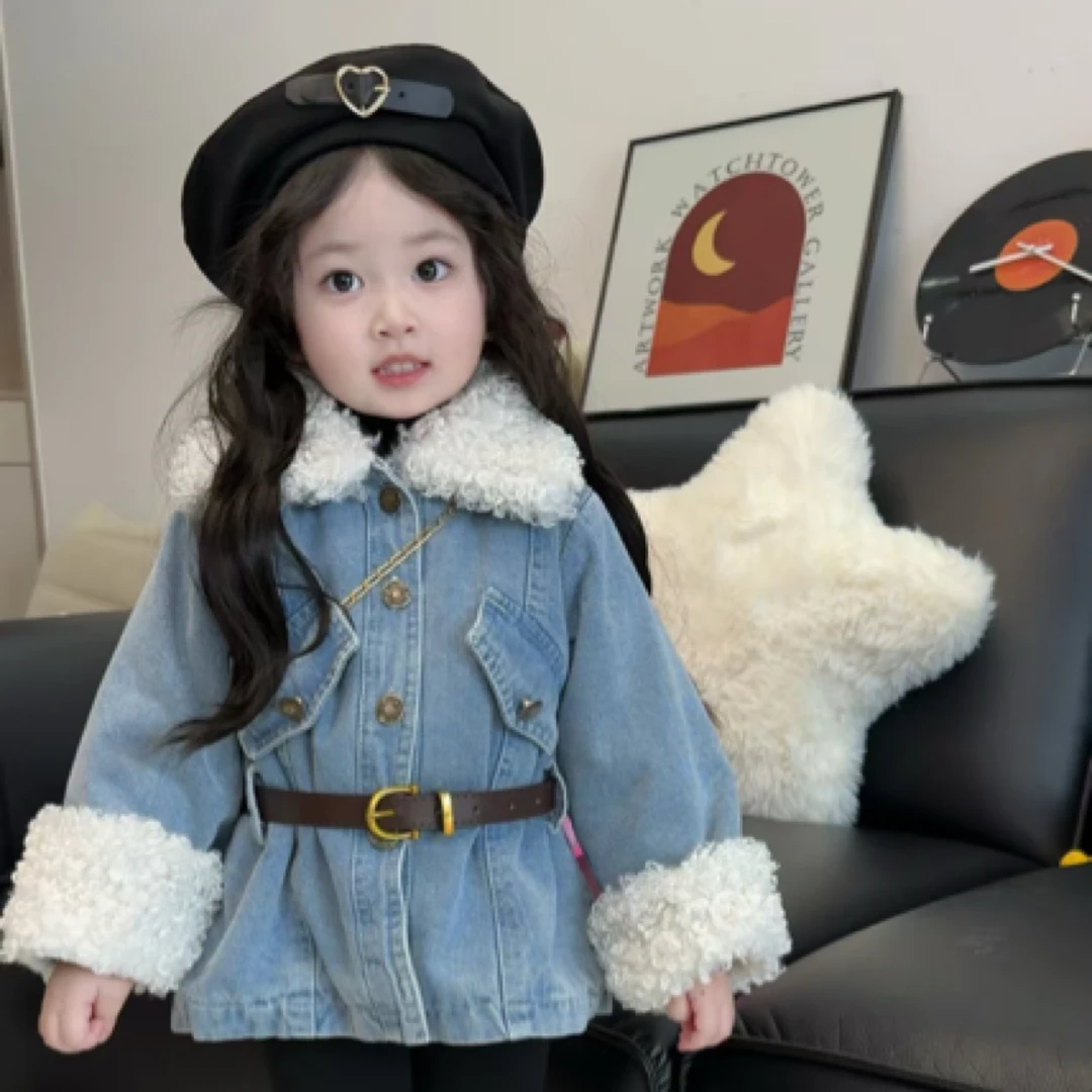 女童韩版牛仔外套加绒加厚中长款收腰冬季新款防寒保暖加绒绒上衣