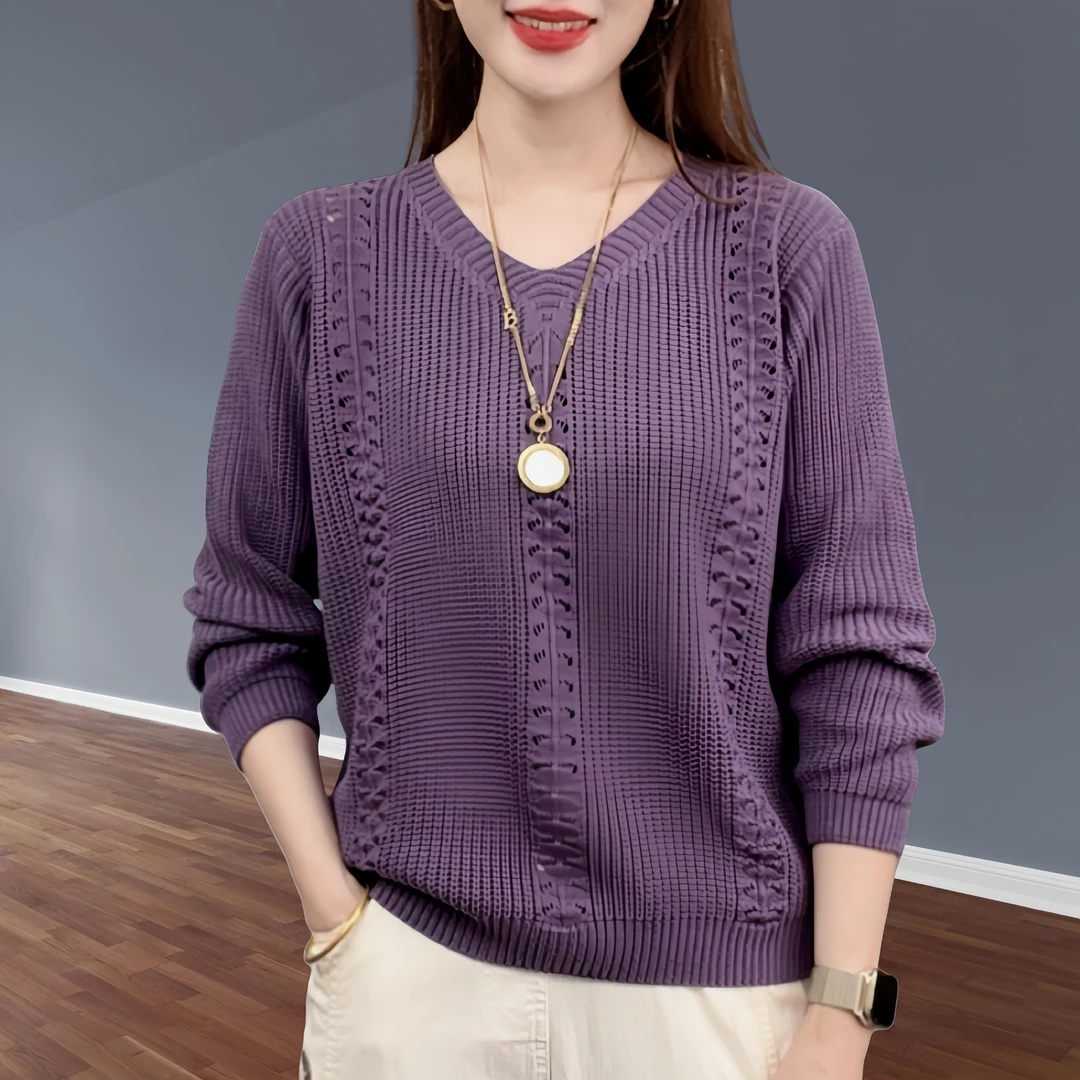 秋冬大码时尚简约百搭毛衣长袖妈妈装洋气减龄窄条纹宽松毛针织衫