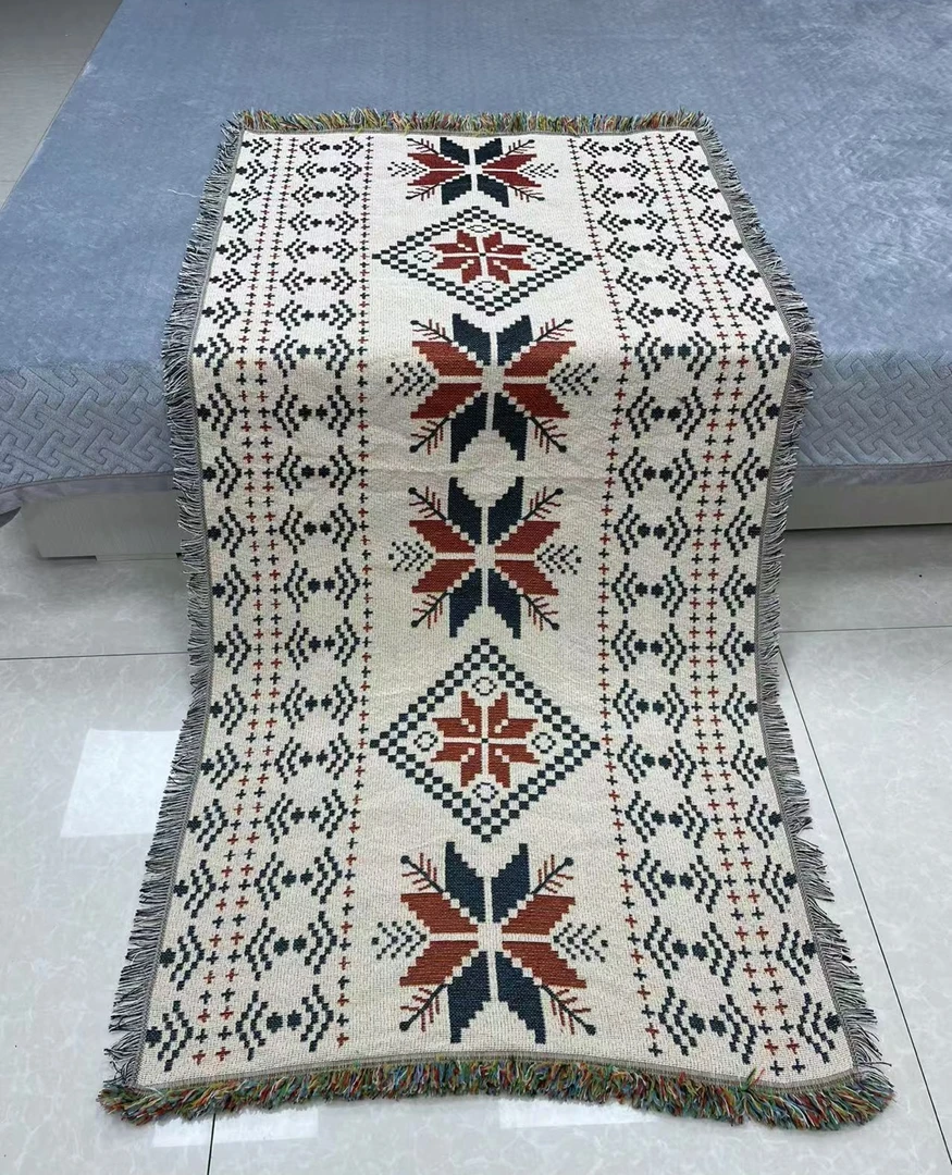 1枫叶90*240cm+-5厘米沙发垫编织提花汉麻直排沙发巾双面流苏款