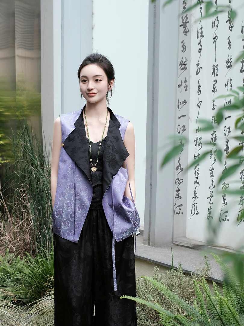 盛唐牡丹紫色梅兰竹菊花窗格宋锦马甲