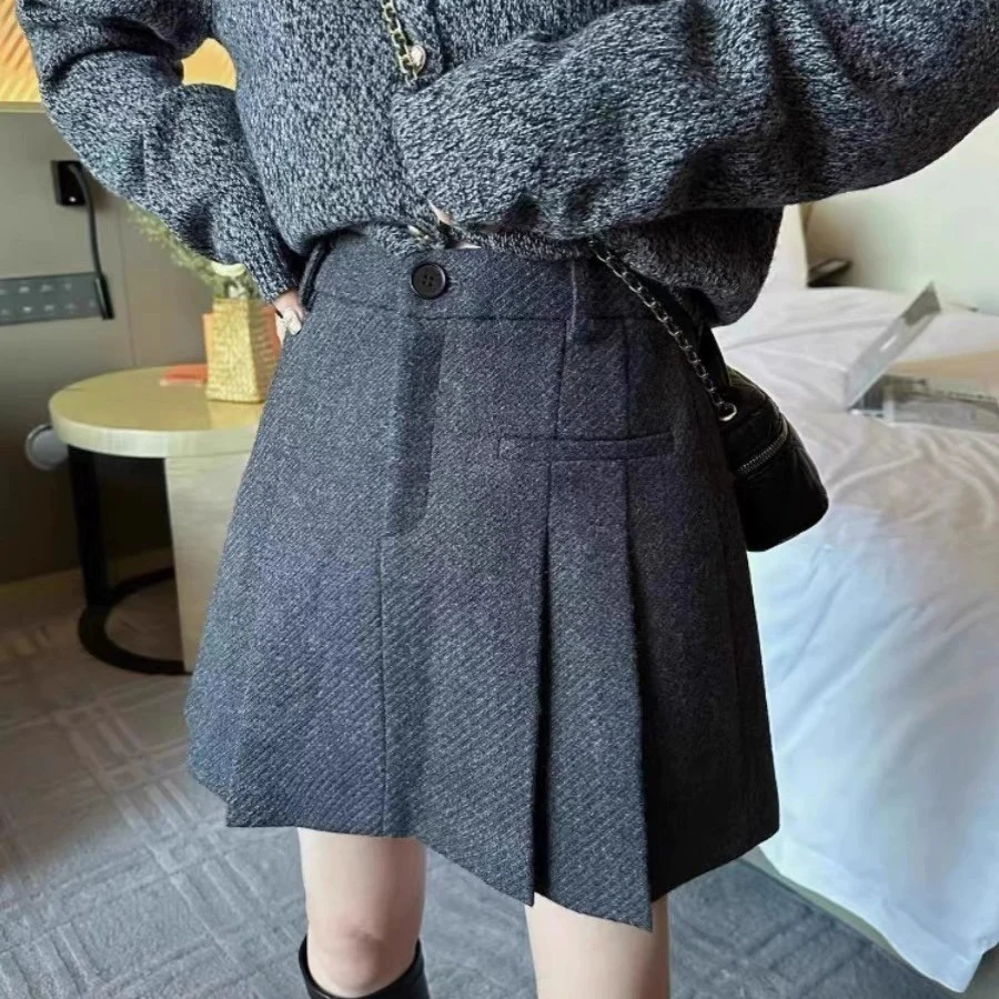 2025秋冬新款高腰毛呢半身裙a字裙显瘦防走光休闲百褶裙短裙女