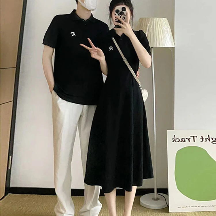 高级感夏天款情侣装一男一女胖mm修身显瘦连衣裙宽松大码正肩T恤