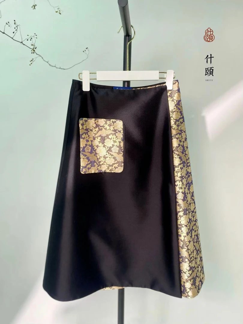 【非遗宋锦面料商品】红星仙鹤拼黑色丝毛半裙
