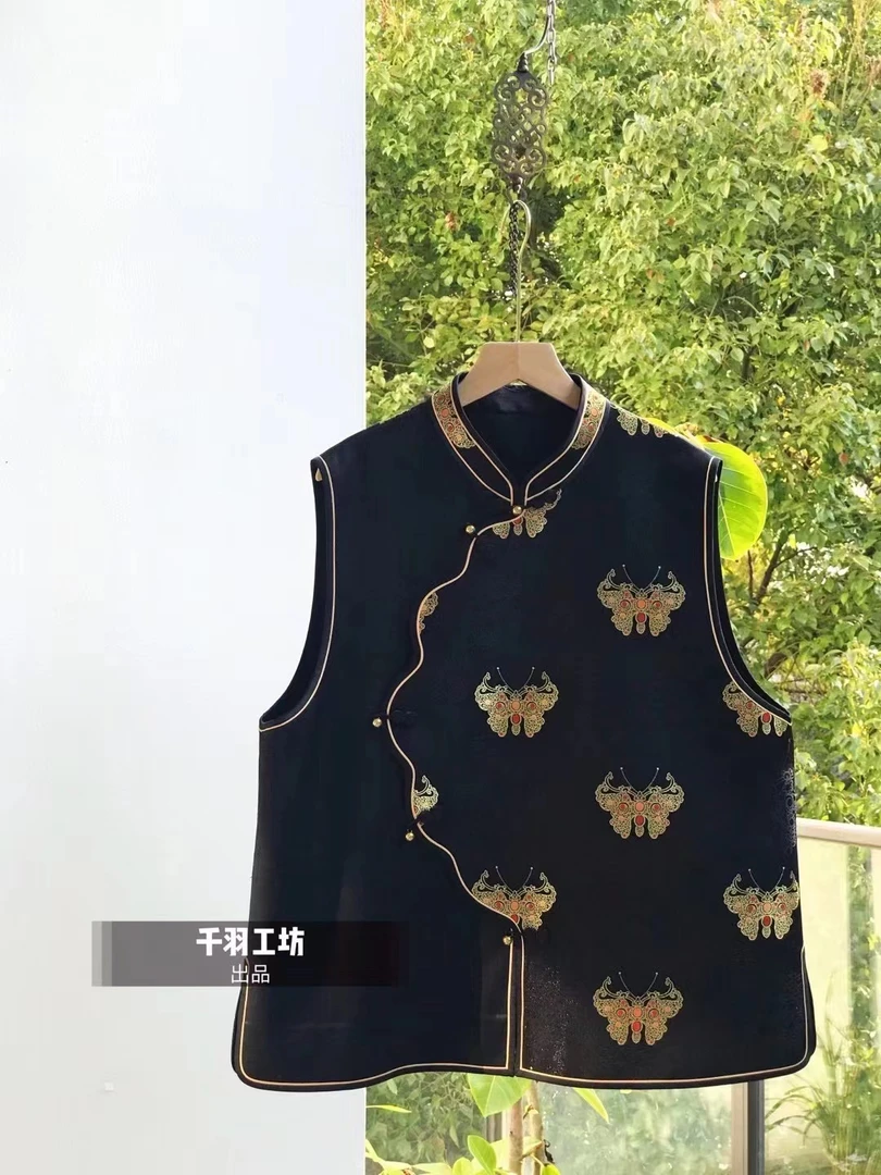 无品牌【非遗宋锦面料商品】陆美英黑金蝴蝶拼黑色香云纱马甲