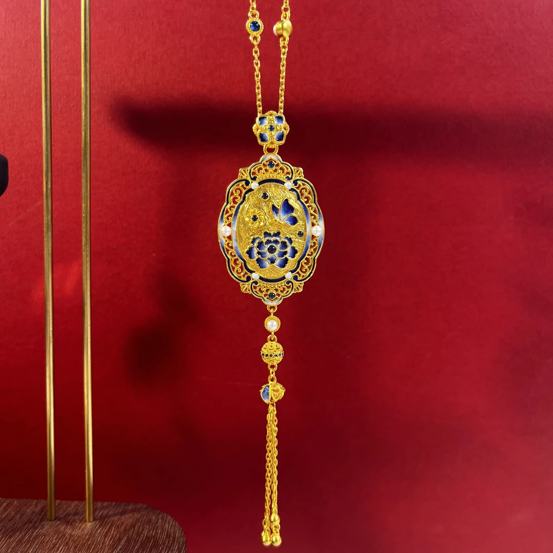 【六官珠宝】古法国韵天香足金项链珐琅彩国风流苏套链复古古风