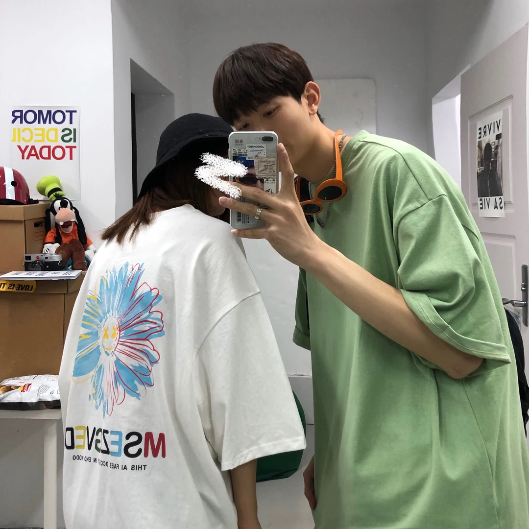 【7540包邮】2023夏装新款青少年学生港风潮牌大印花情侣T恤衫