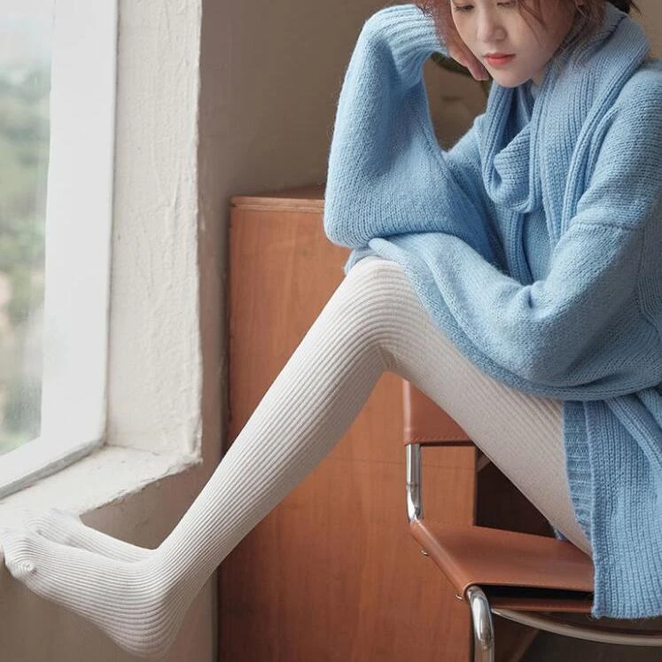 棉粗条纹打底裤女春秋外穿显瘦九分裤燕麦白弹力韩版高腰连裤袜薄