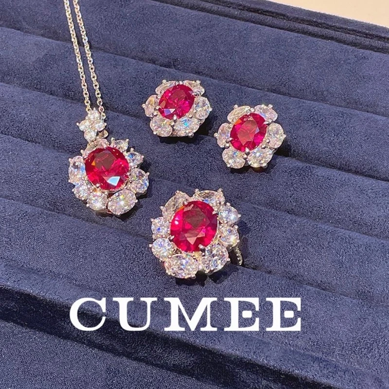 Cumee 925银戒指 经典大钻围镶合成红宝石戒指耳钉吊坠 925银镀金
