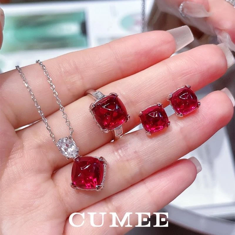 吊坠925银 极简风格糖塔款培育合成红宝戒指耳钉吊坠 银镀金