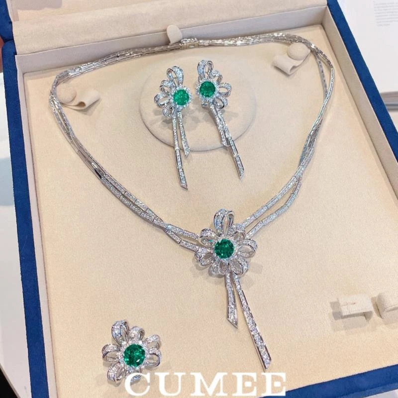 925银银制品 经典贵气晚宴合成祖母绿戒指耳坠项链.银镀金