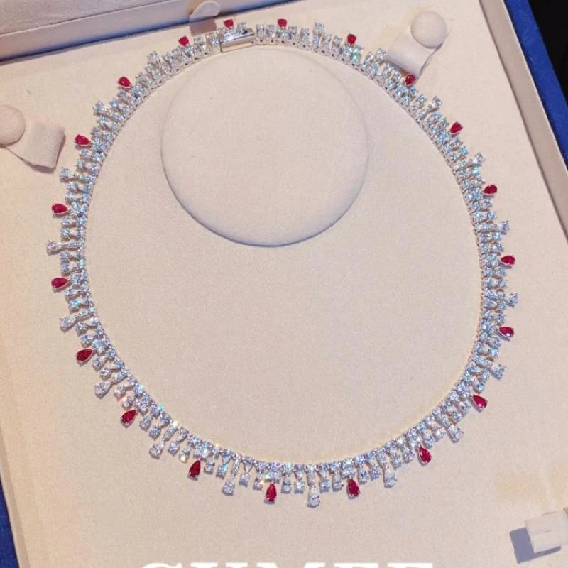 吊坠925银 春夏时尚轻奢系列培育合成红宝超软项链.银镀金