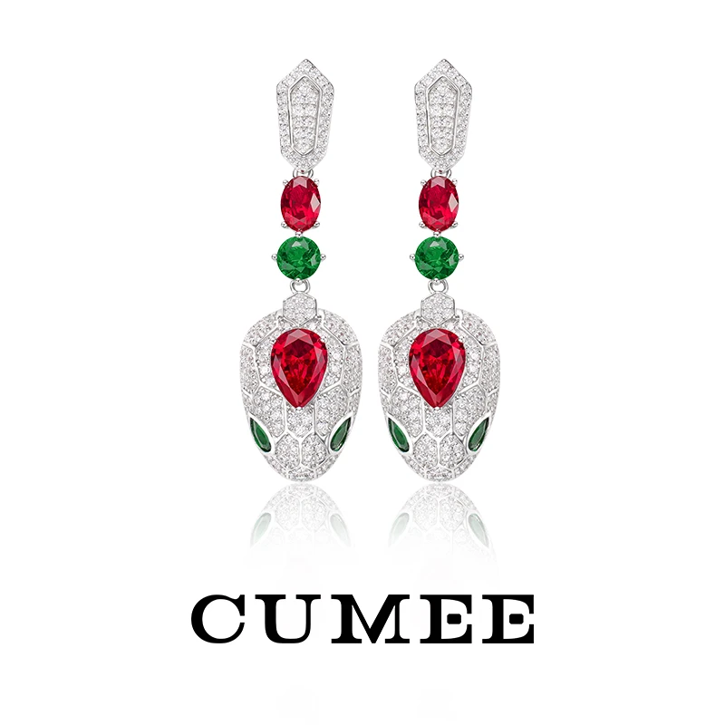 Cumee 925银耳饰 时尚轻奢灵蛇款重工镶嵌合成红宝耳坠.银镀金