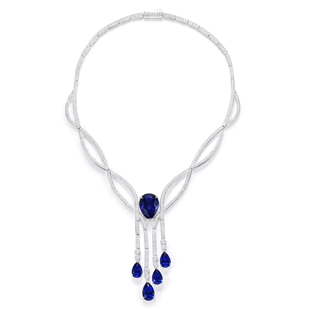 坠链均925银 原创设计晚宴款皇家蓝色合成蓝宝石项链.银镀金