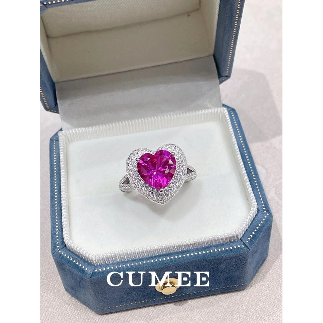 Cumee 925银戒指 经典轻奢爱心款玫红色合成红宝镶嵌戒指.银镀金