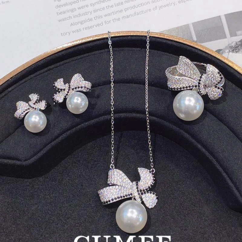 Cumee 925银耳饰 唯美蝴蝶结时尚白色贝珠戒指耳钉吊坠.银镀金