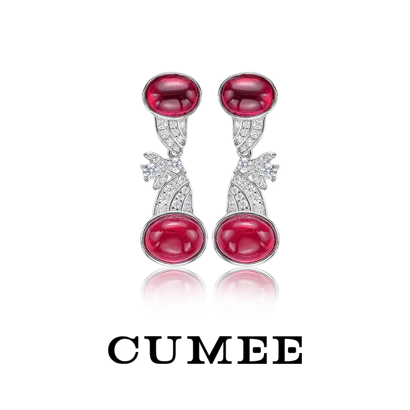 Cumee 925银耳饰 新中式设计时尚款素面切割合成红宝耳坠 银镀金