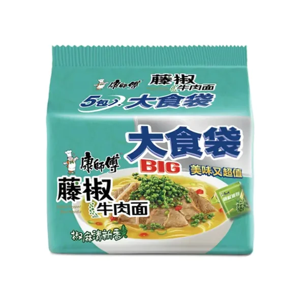 康师傅 大食袋藤椒牛肉面 145g*5袋/包