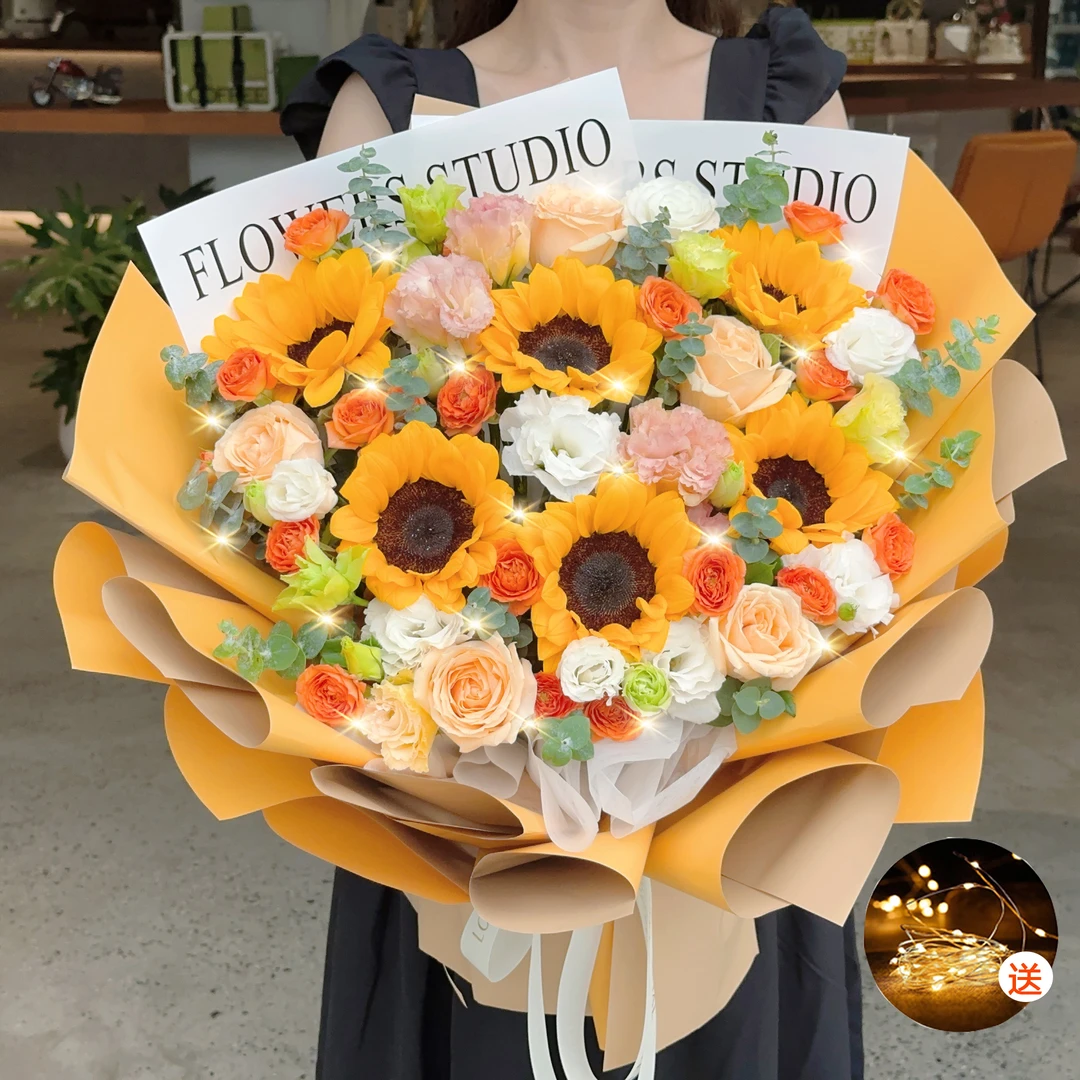 向日葵香槟玫瑰混搭花束
