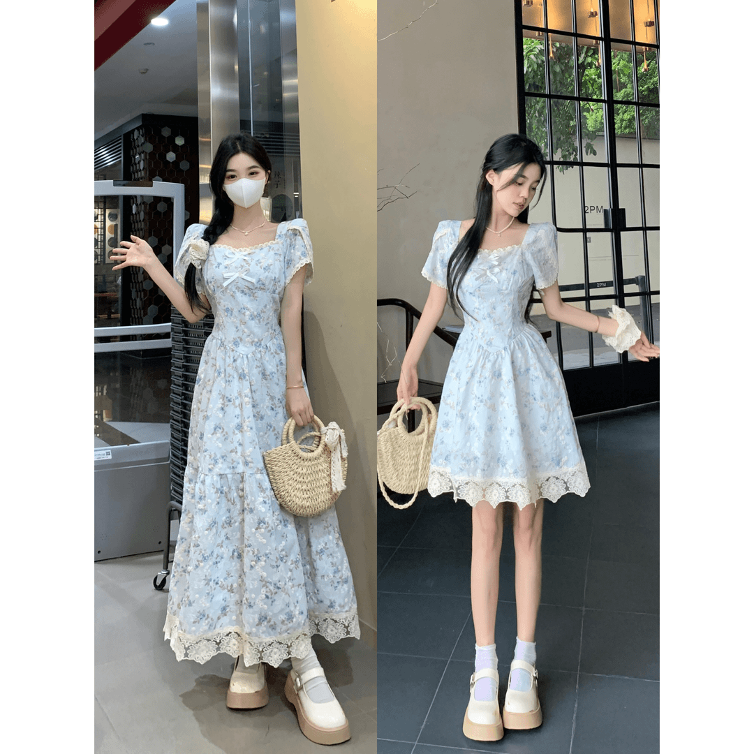 大码梦境花落法式方领蕾丝高腰连衣裙女夏温柔风碎花裙高级感