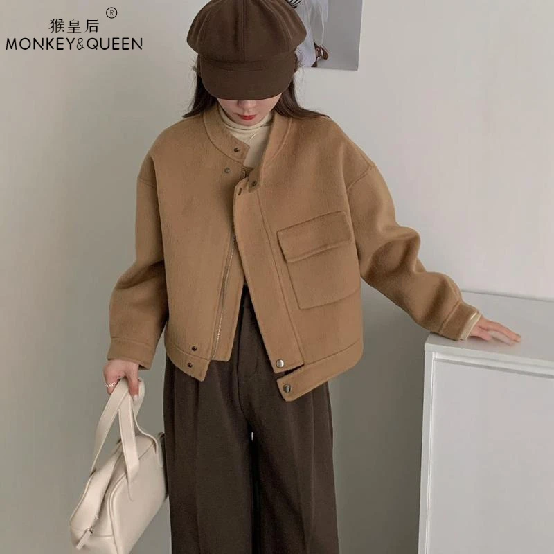 秋冬新款小个子洋气短款双面羊毛绒外套机车立领休闲羊毛呢大衣女