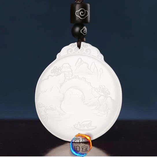 和田玉山水牌吊坠男女士款挂件羊脂白玉山水意境图玉坠玉石玉佩