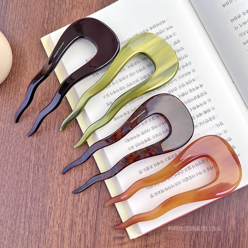 韩国FRANCE金标复古U型大号波浪盘发簪子花苞头发插 法式巧克力色