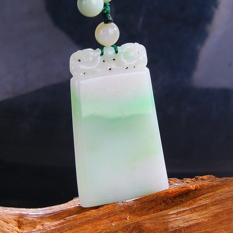 翡翠A货平安无事牌吊坠 玉石黄翡挂坠配玉佛珠项链 男女证书
