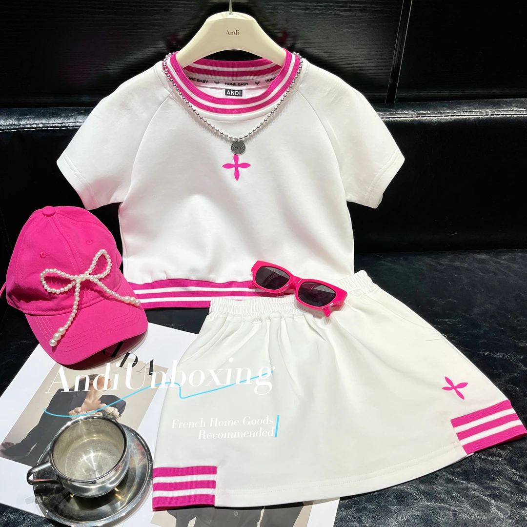 〖ANDI〗订制夏款女童韩版洋气螺纹撞色短袖短裙套装2466