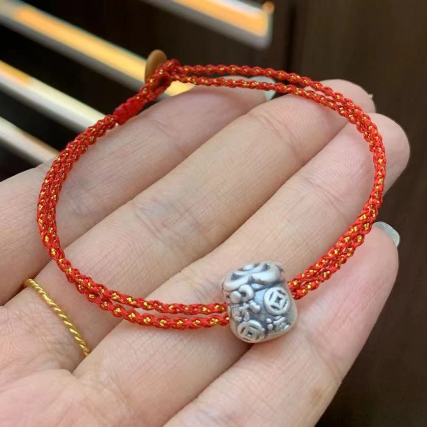 足银布艺手链 足银999铜钱福袋双细绳手串092626