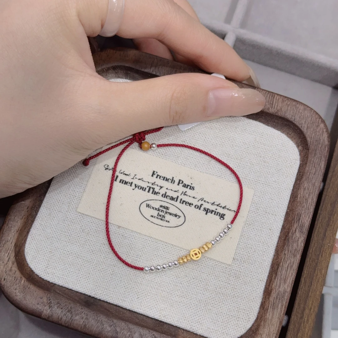 925银布艺手链 s925银蹦迪珠配小钱币红绳编绳手链YQ110730（预售）