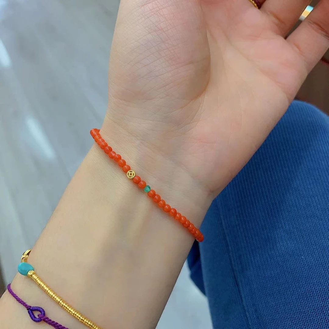天然南红配s925银铜钱币绿玛瑙手链YQ100732