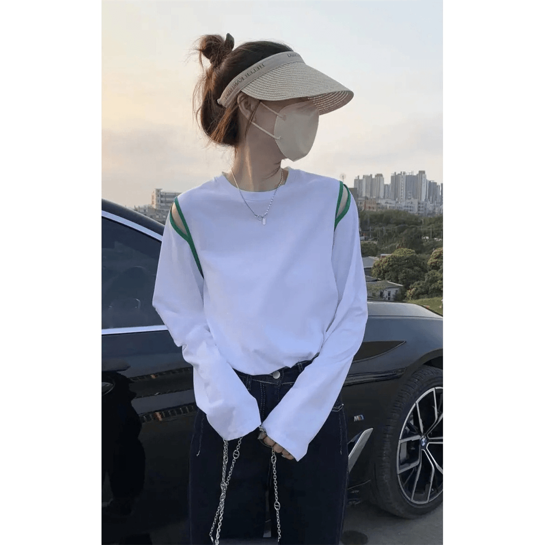秋季ins潮内搭新款纯棉设计感撞色长袖t恤女薄别致露肩打底衫上衣