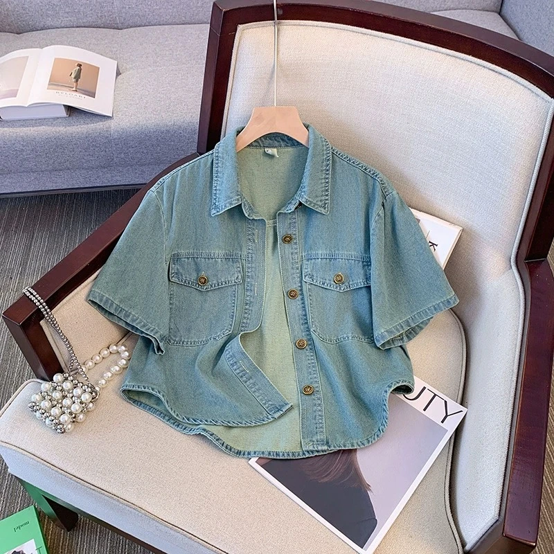 韩版短袖牛仔衬衫外套女夏季新款宽松翻领休闲别致衬衣小众短上衣