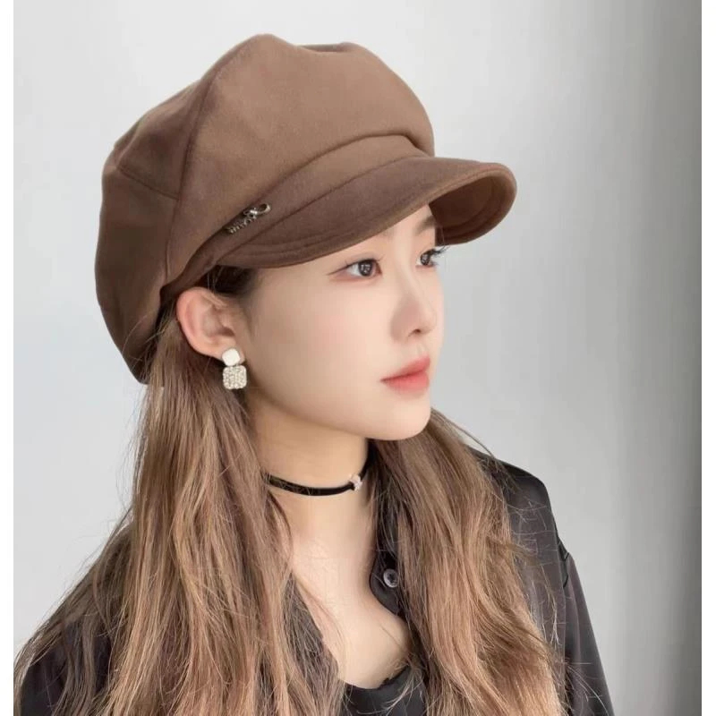 一帽多戴云朵八角帽女秋冬大版显脸小贝雷帽复古卡其色前进帽新